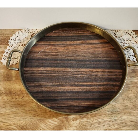 MCM Brass Handled Tray Faux Wood Laminate 11" Round Vintage - Picture 3 of 9